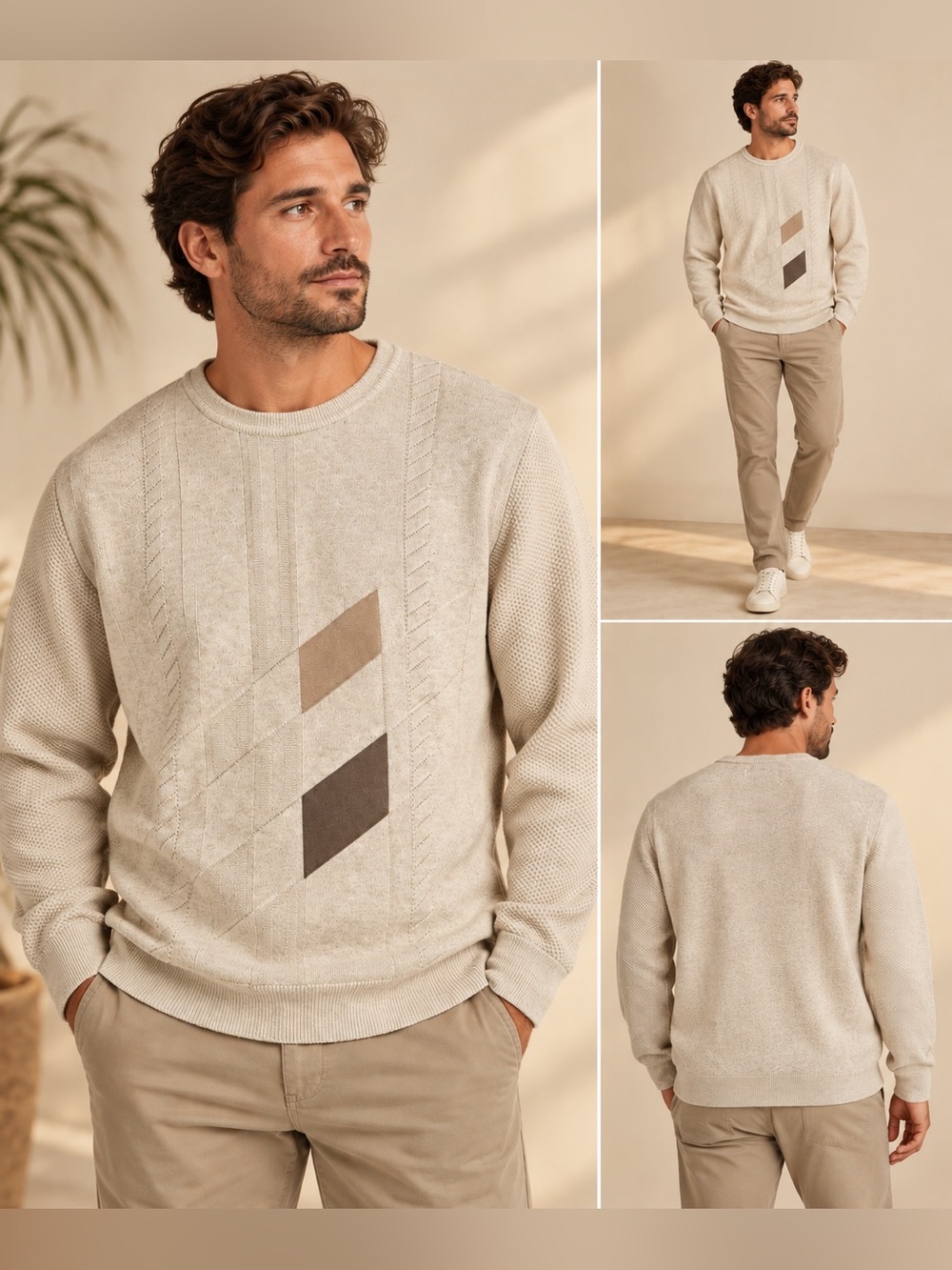 Mondo Uomo Beige Knit Crewneck Sweater with patches